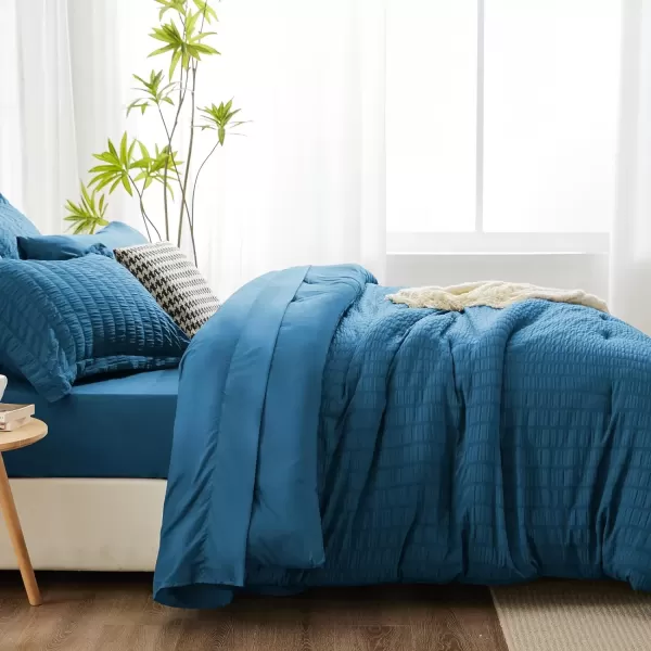 imageCozyLux Queen Bed in a Bag White Seersucker Comforter Set with Sheets 7Pieces All Season Bedding Sets with Comforter Pillow Sham Flat Sheet Fitted Sheet and PillowcaseTeal