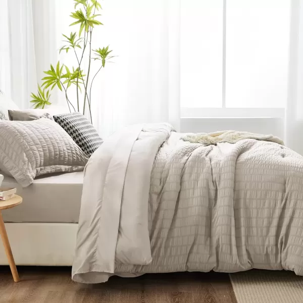 imageCozyLux Queen Bed in a Bag White Seersucker Comforter Set with Sheets 7Pieces All Season Bedding Sets with Comforter Pillow Sham Flat Sheet Fitted Sheet and PillowcaseBeige