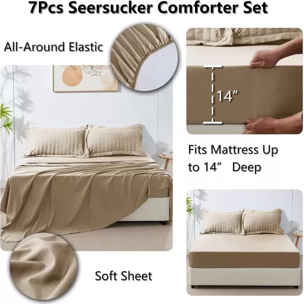 imageCozyLux Queen Bed in a Bag White Seersucker Comforter Set with Sheets 7Pieces All Season Bedding Sets with Comforter Pillow Sham Flat Sheet Fitted Sheet and PillowcaseTaupe