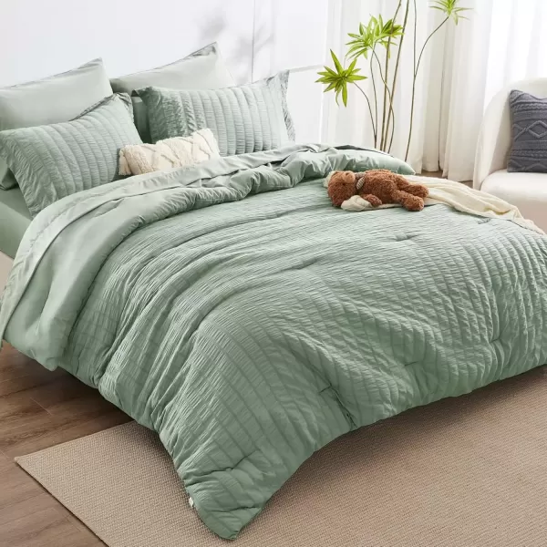 imageCozyLux Queen Bed in a Bag White Seersucker Comforter Set with Sheets 7Pieces All Season Bedding Sets with Comforter Pillow Sham Flat Sheet Fitted Sheet and PillowcaseSage Green
