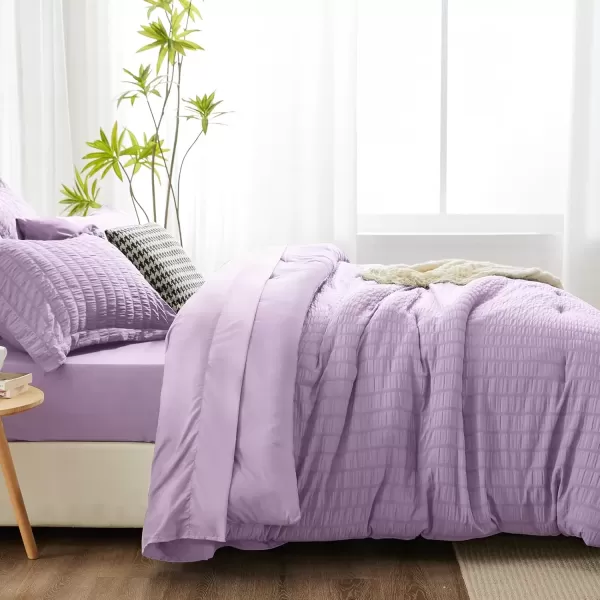 imageCozyLux Queen Bed in a Bag White Seersucker Comforter Set with Sheets 7Pieces All Season Bedding Sets with Comforter Pillow Sham Flat Sheet Fitted Sheet and PillowcaseLight Purple