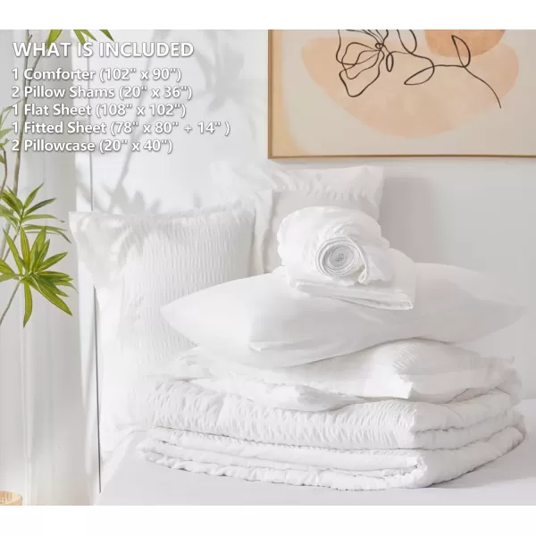 imageCozyLux Queen Bed in a Bag White Seersucker Comforter Set with Sheets 7Pieces All Season Bedding Sets with Comforter Pillow Sham Flat Sheet Fitted Sheet and PillowcaseWhite