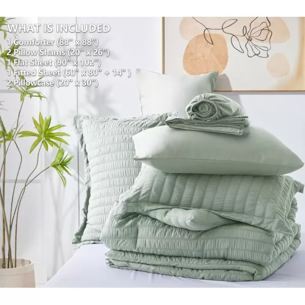 imageCozyLux Queen Bed in a Bag White Seersucker Comforter Set with Sheets 7Pieces All Season Bedding Sets with Comforter Pillow Sham Flat Sheet Fitted Sheet and PillowcaseSage Green