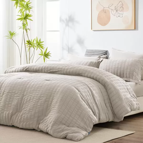 imageCozyLux Queen Bed in a Bag White Seersucker Comforter Set with Sheets 7Pieces All Season Bedding Sets with Comforter Pillow Sham Flat Sheet Fitted Sheet and PillowcaseBeige