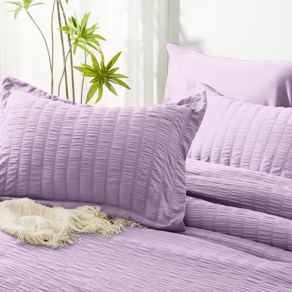 imageCozyLux Queen Bed in a Bag White Seersucker Comforter Set with Sheets 7Pieces All Season Bedding Sets with Comforter Pillow Sham Flat Sheet Fitted Sheet and PillowcaseLight Purple