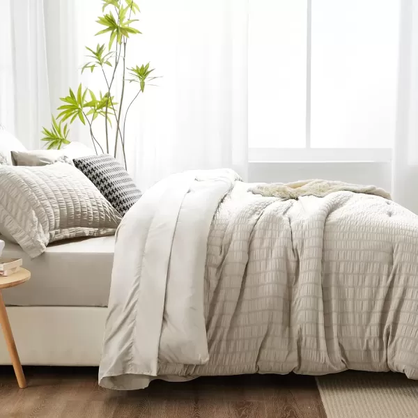 imageCozyLux Queen Bed in a Bag White Seersucker Comforter Set with Sheets 7Pieces All Season Bedding Sets with Comforter Pillow Sham Flat Sheet Fitted Sheet and PillowcaseOatmeal