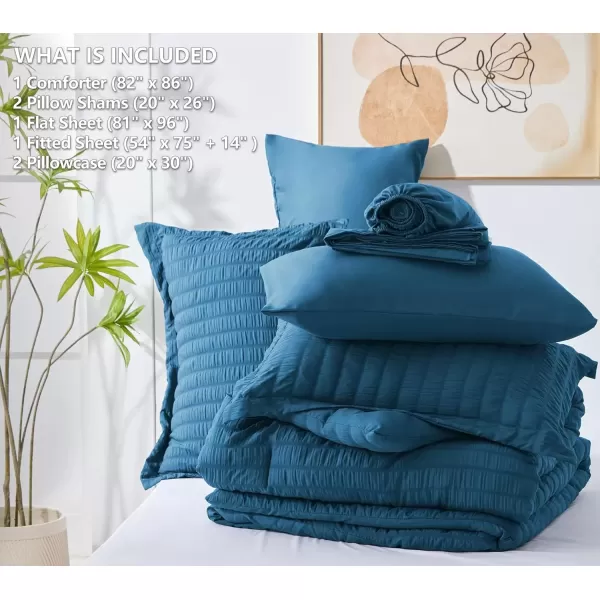 imageCozyLux Queen Bed in a Bag White Seersucker Comforter Set with Sheets 7Pieces All Season Bedding Sets with Comforter Pillow Sham Flat Sheet Fitted Sheet and PillowcaseTeal