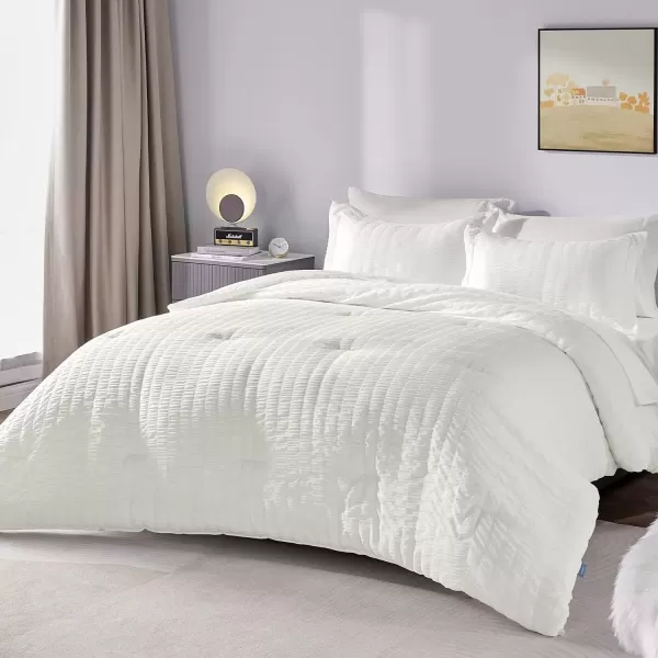 imageCozyLux Queen Bed in a Bag White Seersucker Comforter Set with Sheets 7Pieces All Season Bedding Sets with Comforter Pillow Sham Flat Sheet Fitted Sheet and PillowcaseIvory