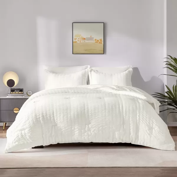imageCozyLux Queen Bed in a Bag White Seersucker Comforter Set with Sheets 7Pieces All Season Bedding Sets with Comforter Pillow Sham Flat Sheet Fitted Sheet and PillowcaseIvory