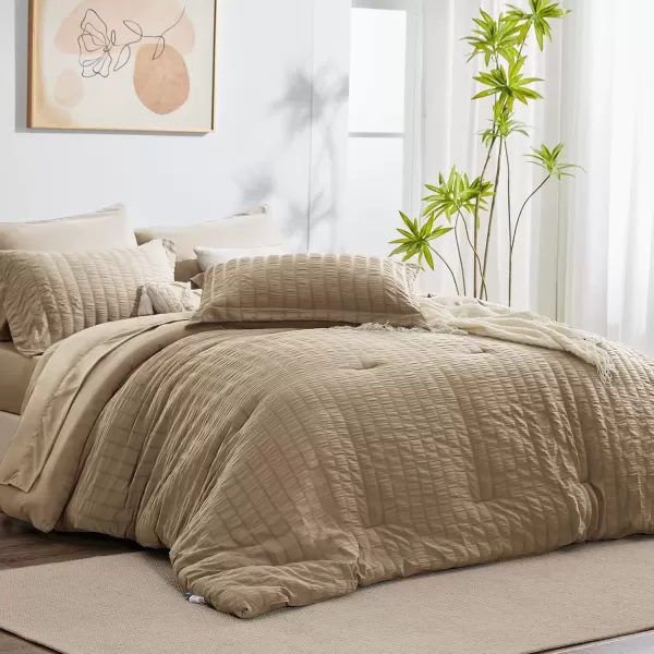 imageCozyLux Queen Bed in a Bag White Seersucker Comforter Set with Sheets 7Pieces All Season Bedding Sets with Comforter Pillow Sham Flat Sheet Fitted Sheet and PillowcaseTaupe