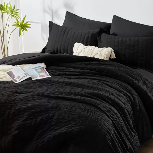 imageCozyLux Queen Bed in a Bag White Seersucker Comforter Set with Sheets 7Pieces All Season Bedding Sets with Comforter Pillow Sham Flat Sheet Fitted Sheet and PillowcaseBlack