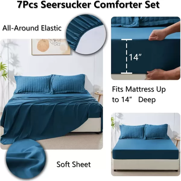 imageCozyLux Queen Bed in a Bag White Seersucker Comforter Set with Sheets 7Pieces All Season Bedding Sets with Comforter Pillow Sham Flat Sheet Fitted Sheet and PillowcaseTeal