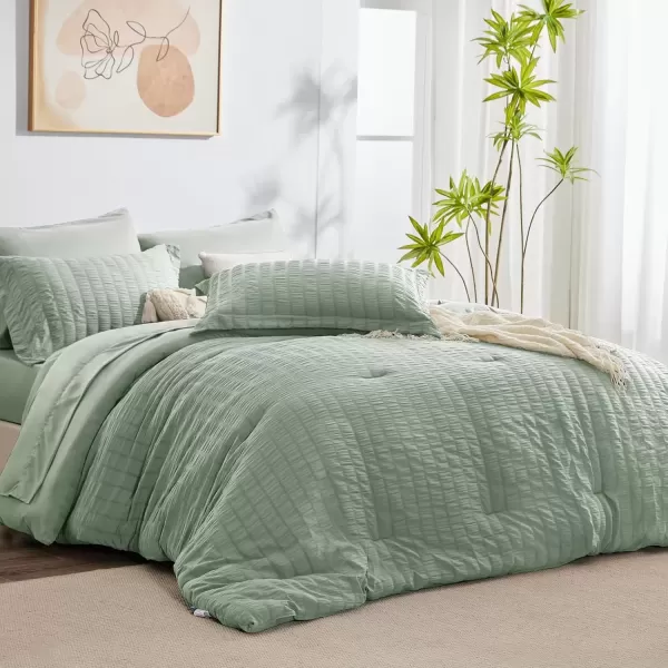 imageCozyLux Queen Bed in a Bag White Seersucker Comforter Set with Sheets 7Pieces All Season Bedding Sets with Comforter Pillow Sham Flat Sheet Fitted Sheet and PillowcaseSage Green