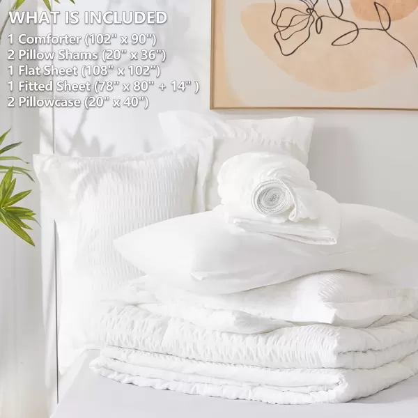 imageCozyLux Queen Bed in a Bag White Seersucker Comforter Set with Sheets 7Pieces All Season Bedding Sets with Comforter Pillow Sham Flat Sheet Fitted Sheet and PillowcaseIvory