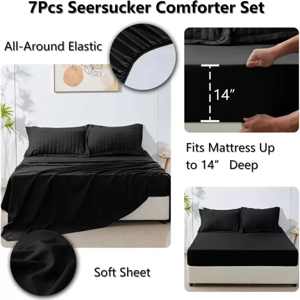 imageCozyLux Queen Bed in a Bag White Seersucker Comforter Set with Sheets 7Pieces All Season Bedding Sets with Comforter Pillow Sham Flat Sheet Fitted Sheet and PillowcaseBlack