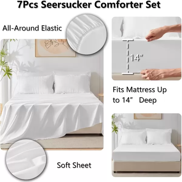 imageCozyLux Queen Bed in a Bag White Seersucker Comforter Set with Sheets 7Pieces All Season Bedding Sets with Comforter Pillow Sham Flat Sheet Fitted Sheet and PillowcaseWhite