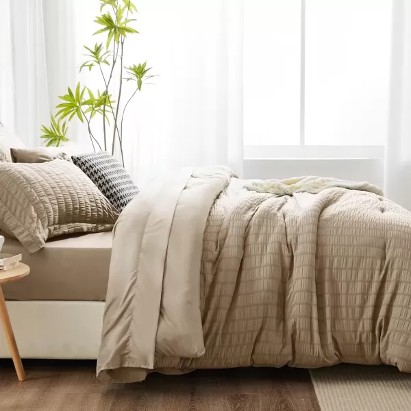 imageCozyLux Queen Bed in a Bag White Seersucker Comforter Set with Sheets 7Pieces All Season Bedding Sets with Comforter Pillow Sham Flat Sheet Fitted Sheet and PillowcaseTaupe