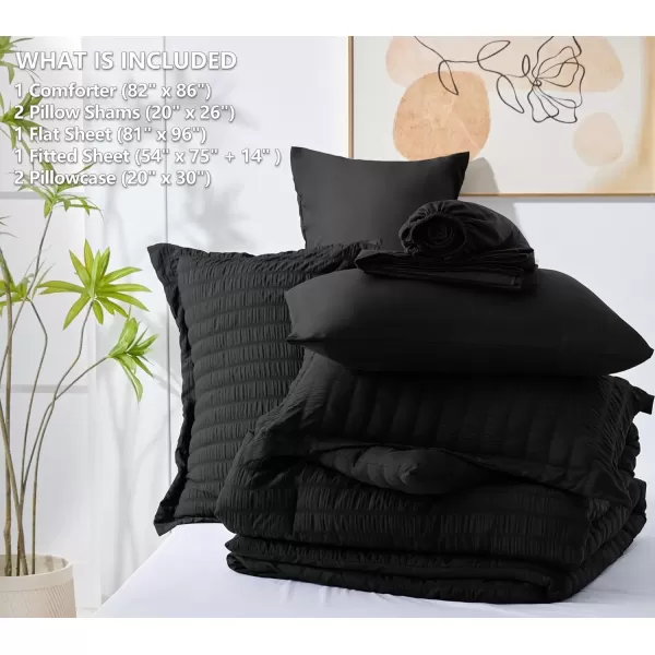 imageCozyLux Queen Bed in a Bag White Seersucker Comforter Set with Sheets 7Pieces All Season Bedding Sets with Comforter Pillow Sham Flat Sheet Fitted Sheet and PillowcaseBlack