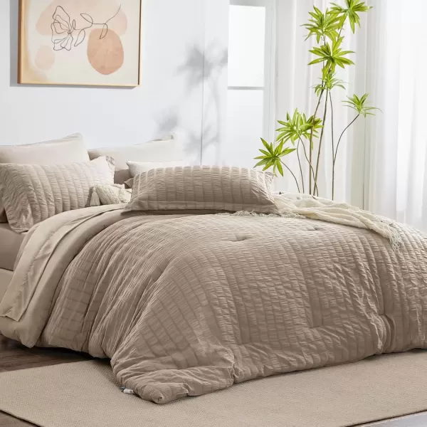 imageCozyLux Queen Bed in a Bag White Seersucker Comforter Set with Sheets 7Pieces All Season Bedding Sets with Comforter Pillow Sham Flat Sheet Fitted Sheet and PillowcaseKhaki