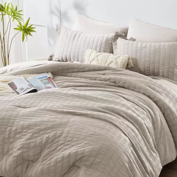 imageCozyLux Queen Bed in a Bag White Seersucker Comforter Set with Sheets 7Pieces All Season Bedding Sets with Comforter Pillow Sham Flat Sheet Fitted Sheet and PillowcaseBeige