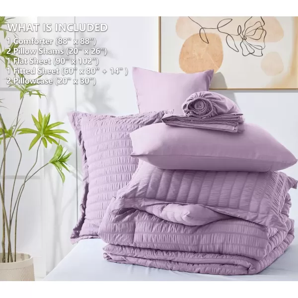 imageCozyLux Queen Bed in a Bag White Seersucker Comforter Set with Sheets 7Pieces All Season Bedding Sets with Comforter Pillow Sham Flat Sheet Fitted Sheet and PillowcaseLight Purple