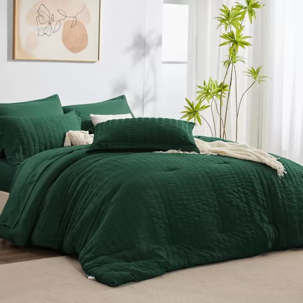 imageCozyLux Queen Bed in a Bag White Seersucker Comforter Set with Sheets 7Pieces All Season Bedding Sets with Comforter Pillow Sham Flat Sheet Fitted Sheet and PillowcaseEmerald Green