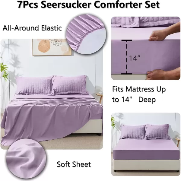 imageCozyLux Queen Bed in a Bag White Seersucker Comforter Set with Sheets 7Pieces All Season Bedding Sets with Comforter Pillow Sham Flat Sheet Fitted Sheet and PillowcaseLight Purple