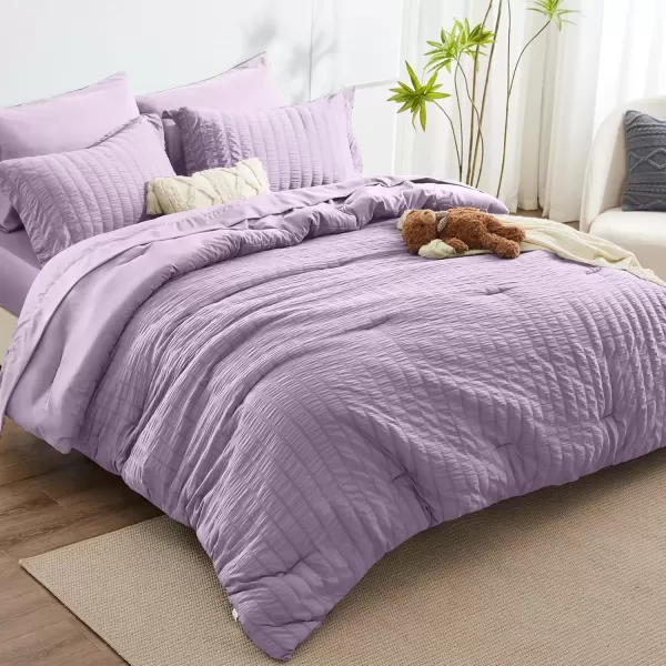 imageCozyLux Queen Bed in a Bag White Seersucker Comforter Set with Sheets 7Pieces All Season Bedding Sets with Comforter Pillow Sham Flat Sheet Fitted Sheet and PillowcaseLight Purple