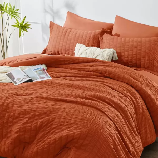 imageCozyLux Queen Bed in a Bag White Seersucker Comforter Set with Sheets 7Pieces All Season Bedding Sets with Comforter Pillow Sham Flat Sheet Fitted Sheet and PillowcaseBurnt Orange
