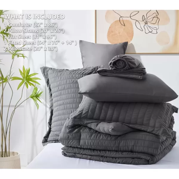 imageCozyLux Queen Bed in a Bag White Seersucker Comforter Set with Sheets 7Pieces All Season Bedding Sets with Comforter Pillow Sham Flat Sheet Fitted Sheet and PillowcaseDark Grey