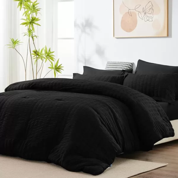 imageCozyLux Queen Bed in a Bag White Seersucker Comforter Set with Sheets 7Pieces All Season Bedding Sets with Comforter Pillow Sham Flat Sheet Fitted Sheet and PillowcaseBlack