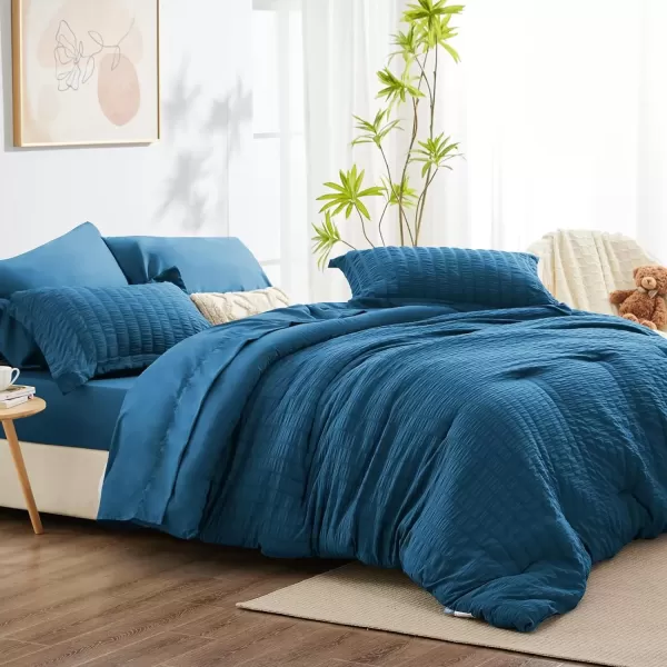 imageCozyLux Queen Bed in a Bag White Seersucker Comforter Set with Sheets 7Pieces All Season Bedding Sets with Comforter Pillow Sham Flat Sheet Fitted Sheet and PillowcaseTeal