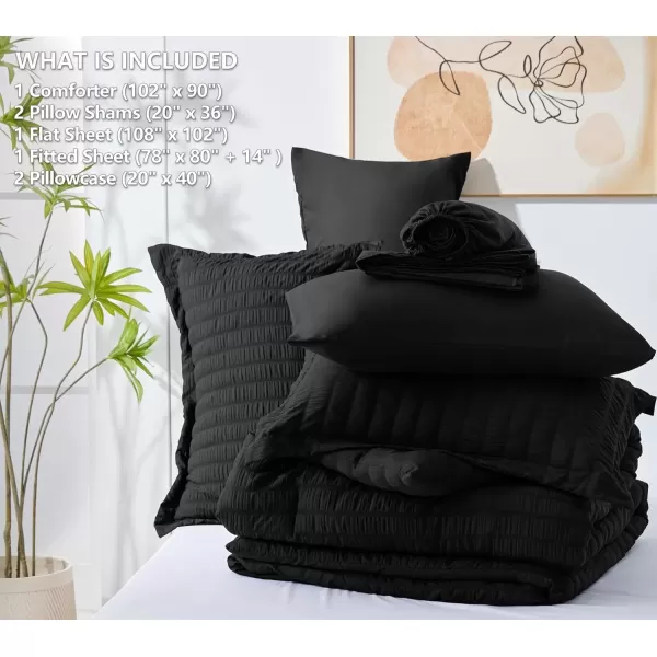 imageCozyLux Queen Bed in a Bag White Seersucker Comforter Set with Sheets 7Pieces All Season Bedding Sets with Comforter Pillow Sham Flat Sheet Fitted Sheet and PillowcaseBlack