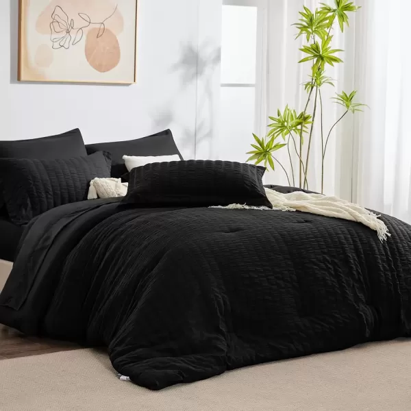 imageCozyLux Queen Bed in a Bag White Seersucker Comforter Set with Sheets 7Pieces All Season Bedding Sets with Comforter Pillow Sham Flat Sheet Fitted Sheet and PillowcaseBlack