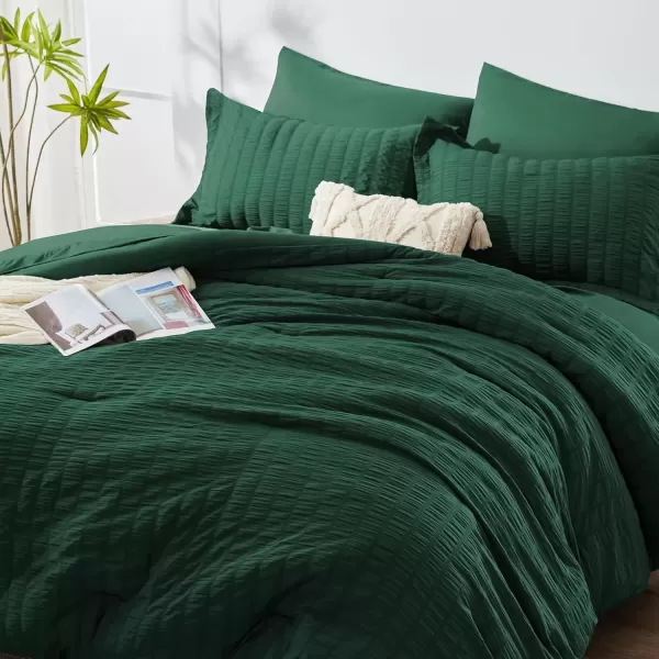 imageCozyLux Queen Bed in a Bag White Seersucker Comforter Set with Sheets 7Pieces All Season Bedding Sets with Comforter Pillow Sham Flat Sheet Fitted Sheet and PillowcaseEmerald Green