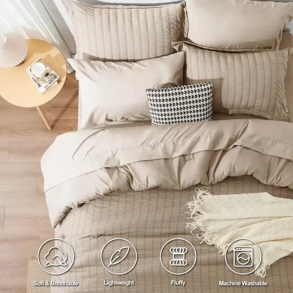 imageCozyLux Queen Bed in a Bag White Seersucker Comforter Set with Sheets 7Pieces All Season Bedding Sets with Comforter Pillow Sham Flat Sheet Fitted Sheet and PillowcaseTaupe
