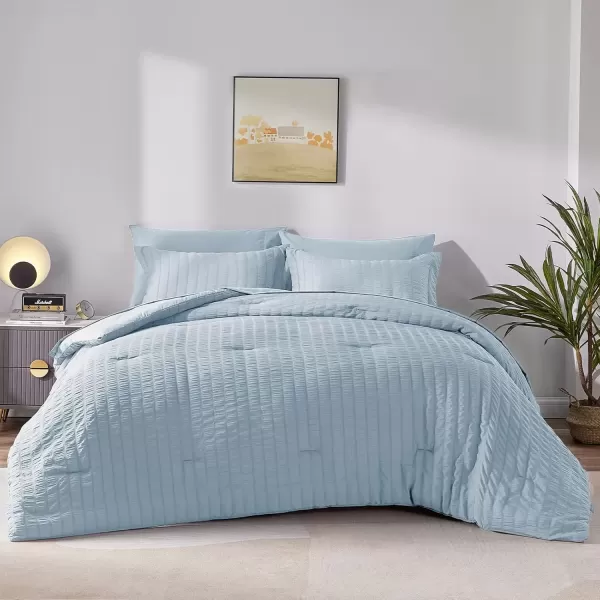 imageCozyLux Queen Bed in a Bag White Seersucker Comforter Set with Sheets 7Pieces All Season Bedding Sets with Comforter Pillow Sham Flat Sheet Fitted Sheet and PillowcaseLight Blue