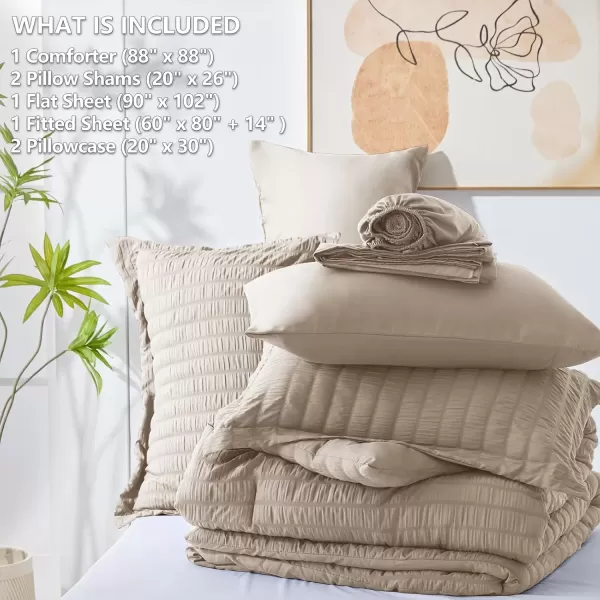 imageCozyLux Queen Bed in a Bag White Seersucker Comforter Set with Sheets 7Pieces All Season Bedding Sets with Comforter Pillow Sham Flat Sheet Fitted Sheet and PillowcaseKhaki