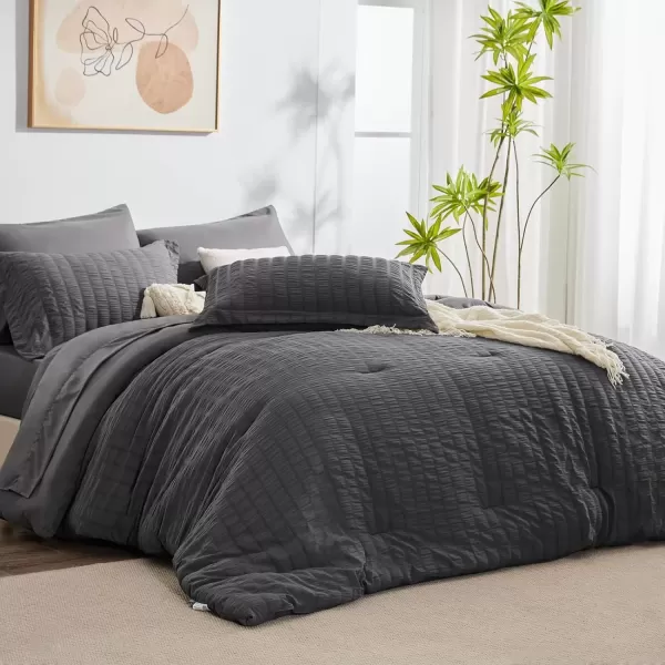 imageCozyLux Queen Bed in a Bag White Seersucker Comforter Set with Sheets 7Pieces All Season Bedding Sets with Comforter Pillow Sham Flat Sheet Fitted Sheet and PillowcaseDark Grey