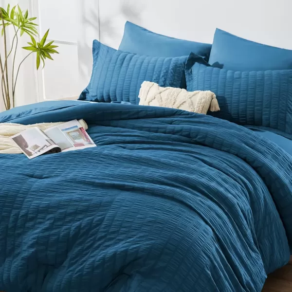 imageCozyLux Queen Bed in a Bag White Seersucker Comforter Set with Sheets 7Pieces All Season Bedding Sets with Comforter Pillow Sham Flat Sheet Fitted Sheet and PillowcaseTeal
