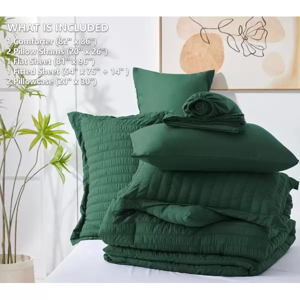 imageCozyLux Queen Bed in a Bag White Seersucker Comforter Set with Sheets 7Pieces All Season Bedding Sets with Comforter Pillow Sham Flat Sheet Fitted Sheet and PillowcaseEmerald Green