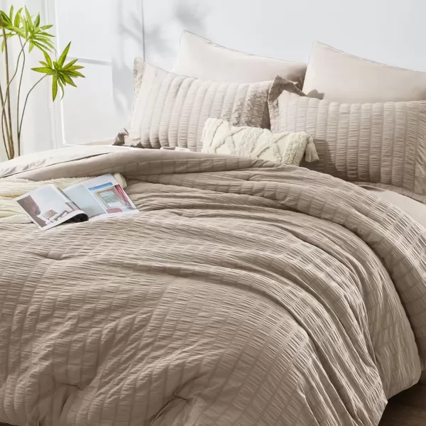imageCozyLux Queen Bed in a Bag White Seersucker Comforter Set with Sheets 7Pieces All Season Bedding Sets with Comforter Pillow Sham Flat Sheet Fitted Sheet and PillowcaseKhaki