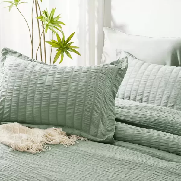 imageCozyLux Queen Bed in a Bag White Seersucker Comforter Set with Sheets 7Pieces All Season Bedding Sets with Comforter Pillow Sham Flat Sheet Fitted Sheet and PillowcaseSage Green