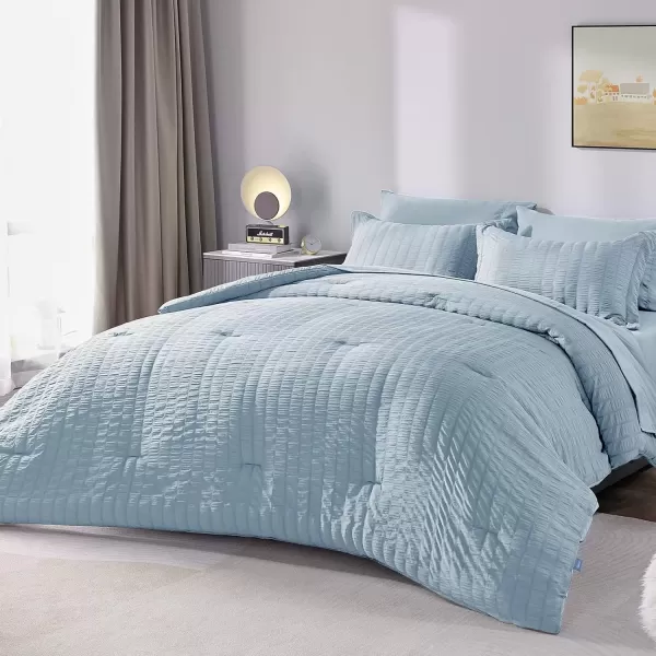 imageCozyLux Queen Bed in a Bag White Seersucker Comforter Set with Sheets 7Pieces All Season Bedding Sets with Comforter Pillow Sham Flat Sheet Fitted Sheet and PillowcaseLight Blue