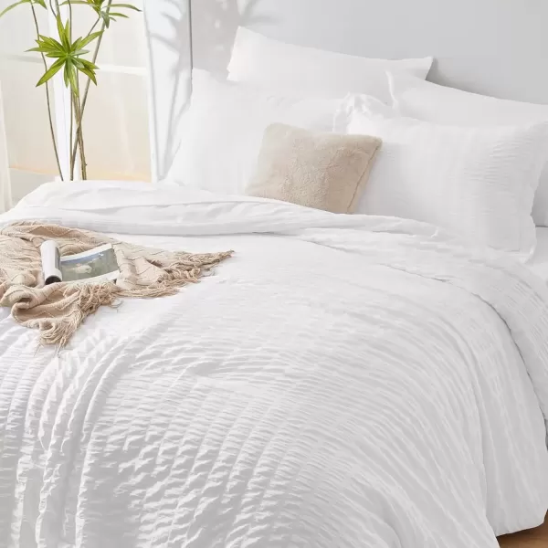 imageCozyLux Queen Bed in a Bag White Seersucker Comforter Set with Sheets 7Pieces All Season Bedding Sets with Comforter Pillow Sham Flat Sheet Fitted Sheet and PillowcaseWhite