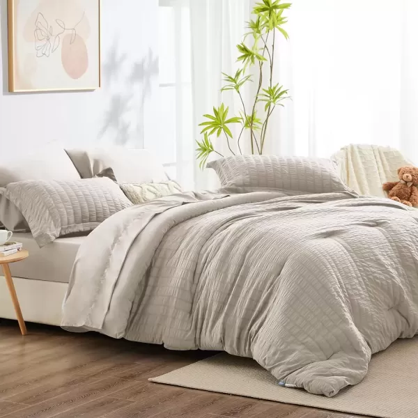 imageCozyLux Queen Bed in a Bag White Seersucker Comforter Set with Sheets 7Pieces All Season Bedding Sets with Comforter Pillow Sham Flat Sheet Fitted Sheet and PillowcaseBeige