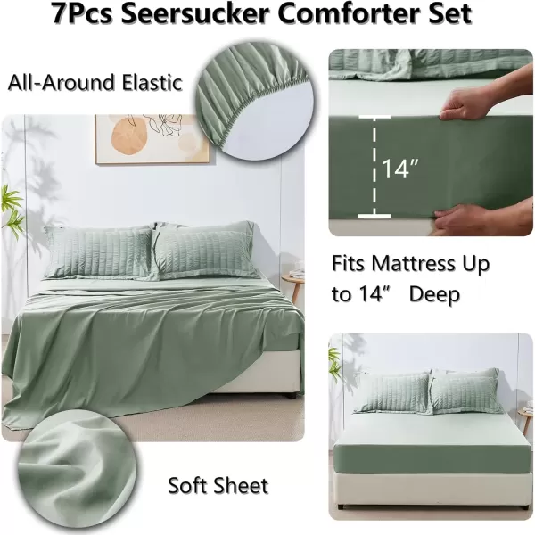 imageCozyLux Queen Bed in a Bag White Seersucker Comforter Set with Sheets 7Pieces All Season Bedding Sets with Comforter Pillow Sham Flat Sheet Fitted Sheet and PillowcaseSage Green