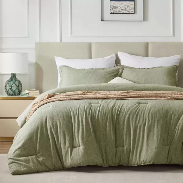 imageCozyLux Queen Comforter Set  3 Pieces Light Grey Soft Luxury Cationic Dyeing Queen Comforter for All Season Light Gray Breathable Lightweight Fluffy Bedding Sets with 1 Comforter and 2 Pillow ShamsOlive Green