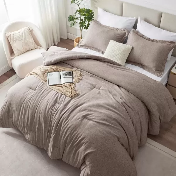 imageCozyLux Queen Comforter Set  3 Pieces Light Grey Soft Luxury Cationic Dyeing Queen Comforter for All Season Light Gray Breathable Lightweight Fluffy Bedding Sets with 1 Comforter and 2 Pillow ShamsKhaki