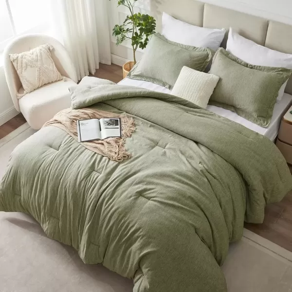 imageCozyLux Queen Comforter Set  3 Pieces Light Grey Soft Luxury Cationic Dyeing Queen Comforter for All Season Light Gray Breathable Lightweight Fluffy Bedding Sets with 1 Comforter and 2 Pillow ShamsOlive Green
